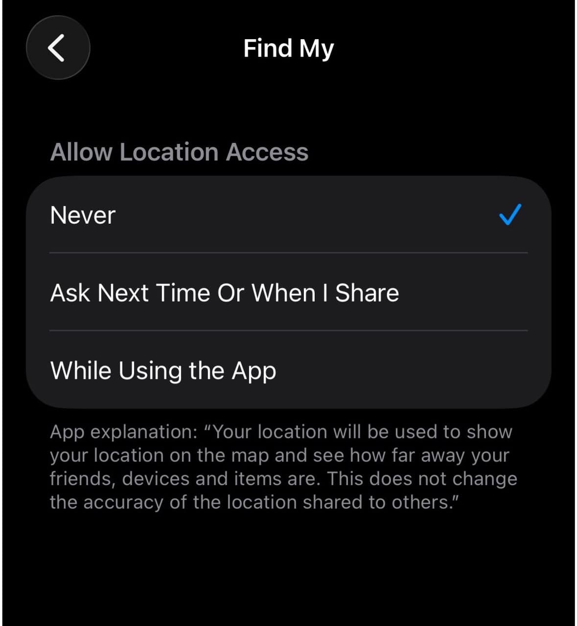 Set Find My to Never in Location Services settings