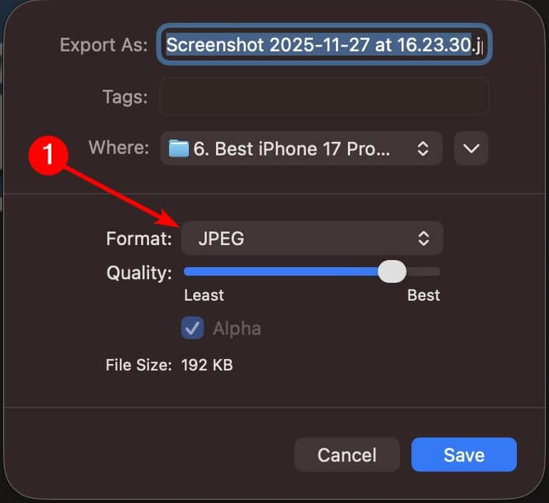 Setting the Format in the Preview app when exporting a Photo on Mac
