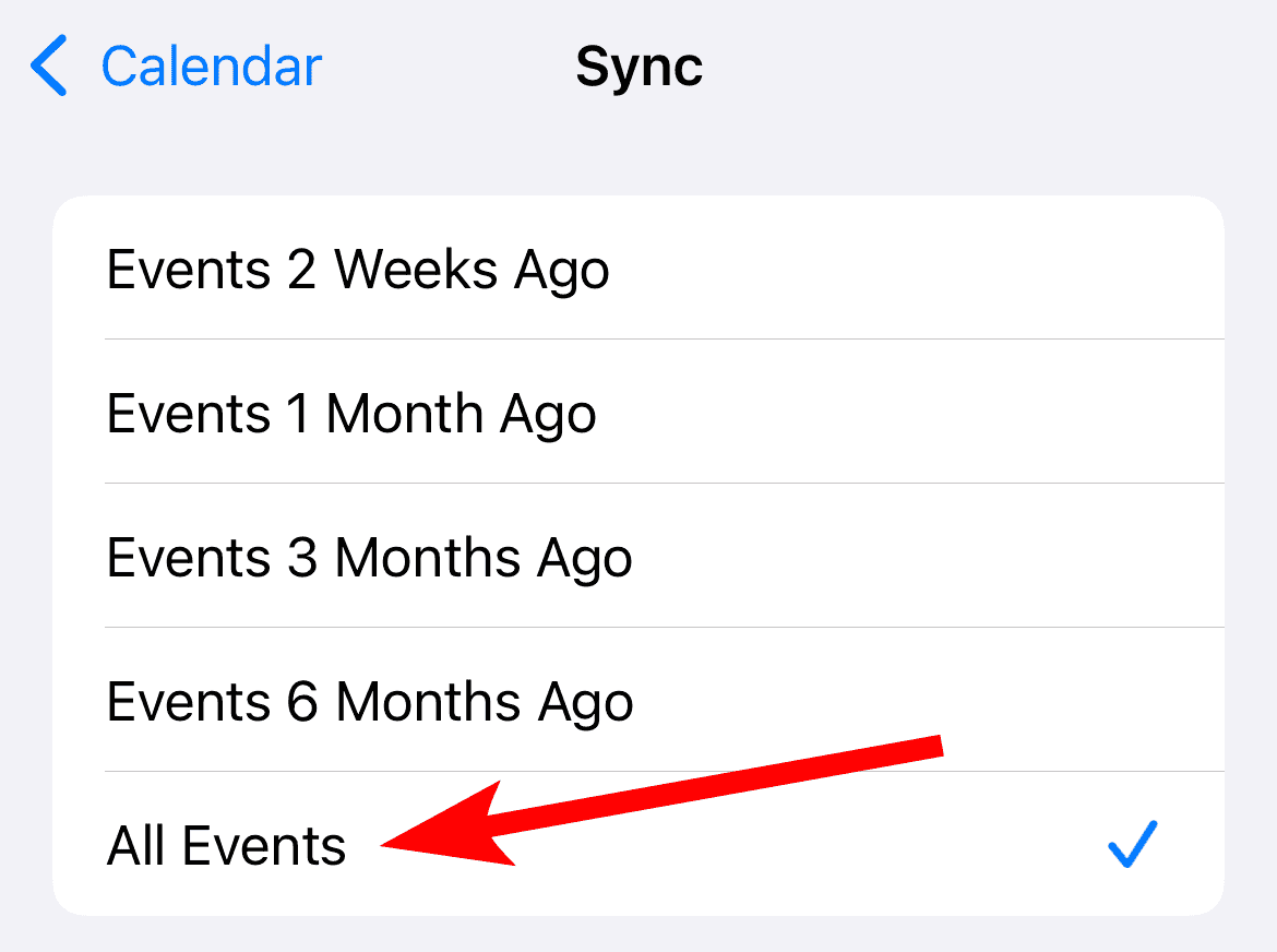 Sync all events in the Calendar settings on iPhone