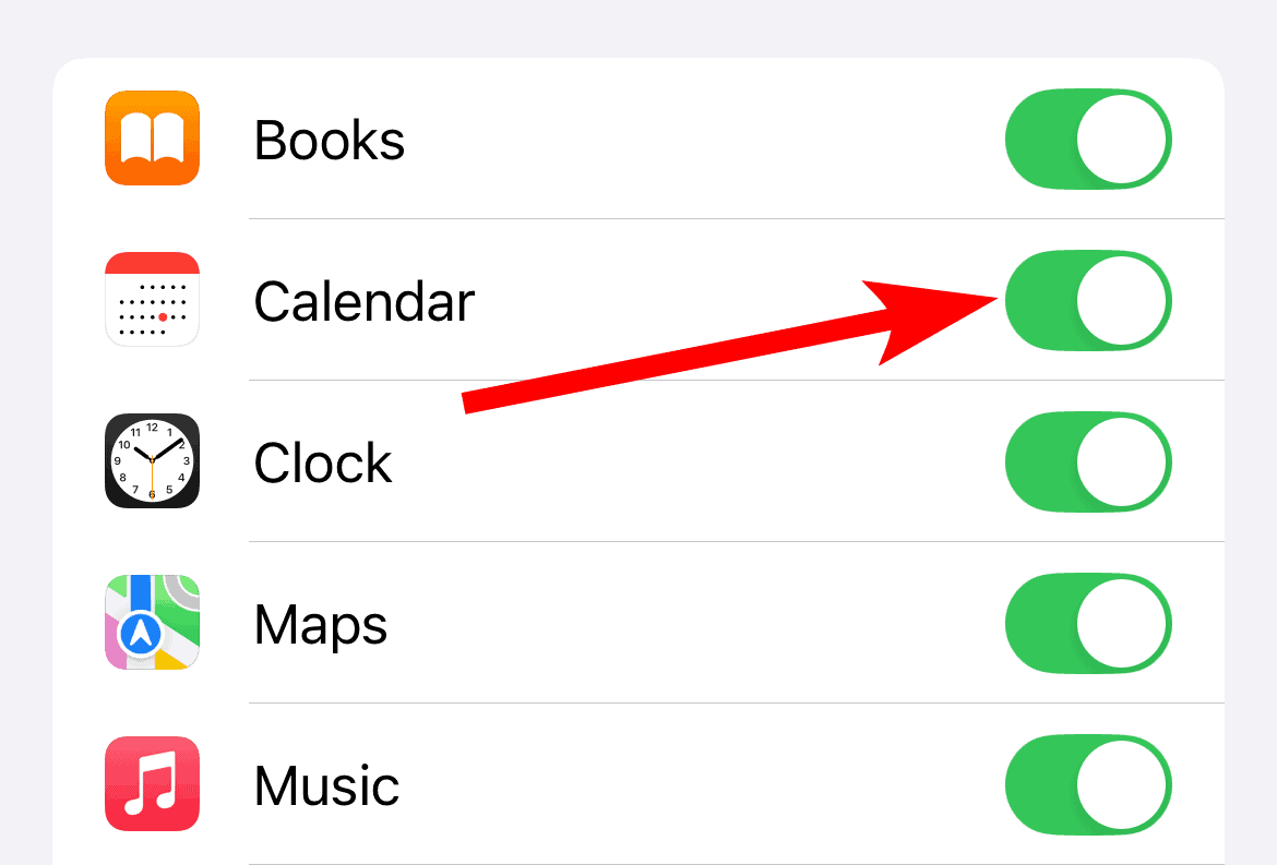 Tap the Calendars toggle in iCloud settings