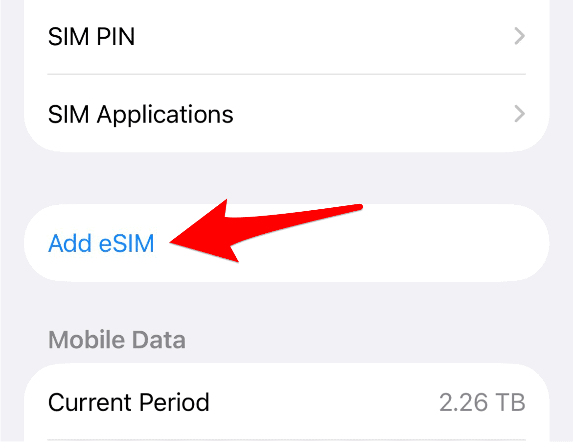 The Add eSIM option in iPhone settings