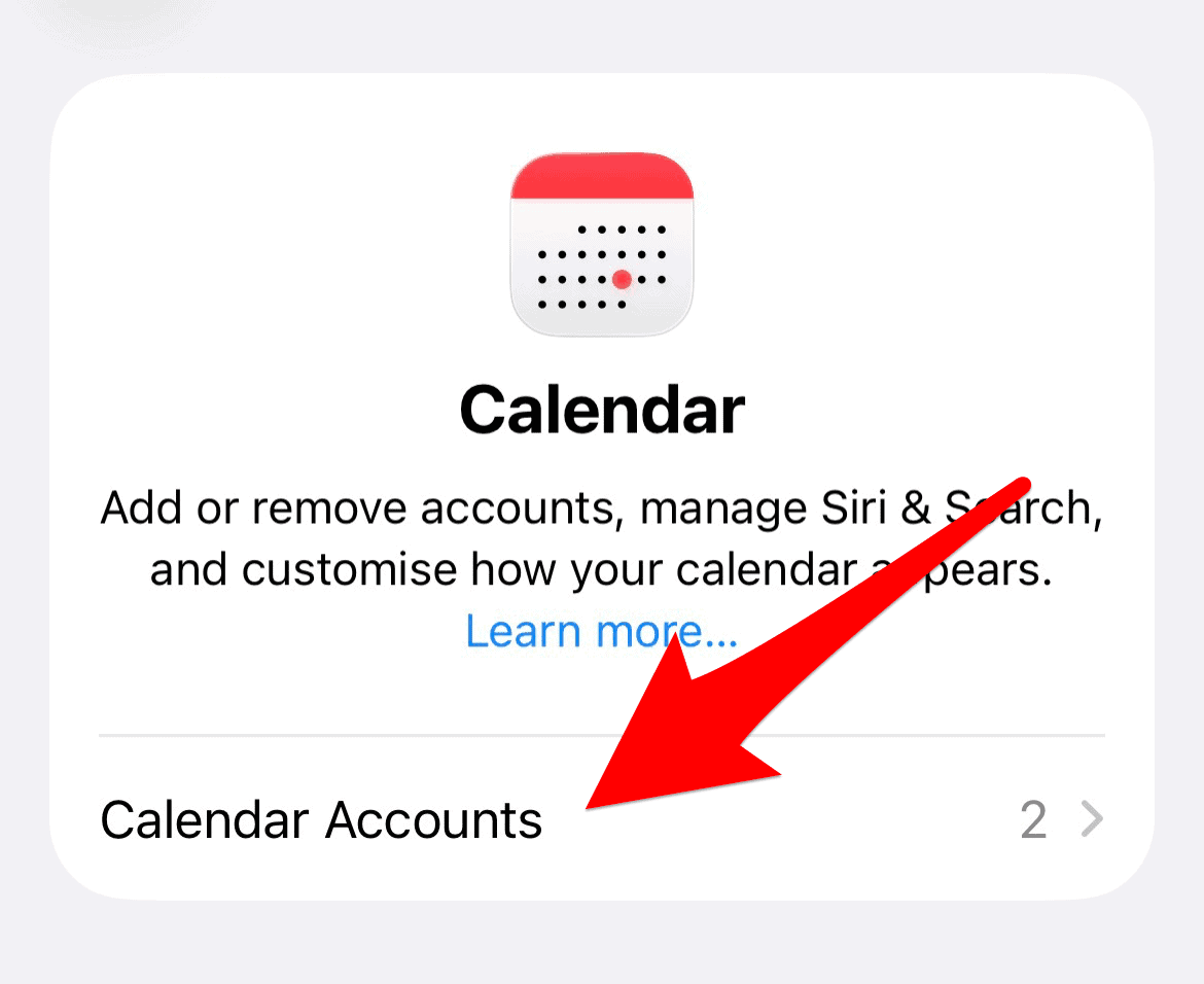 The Calendar Accounts option in iPhone settings