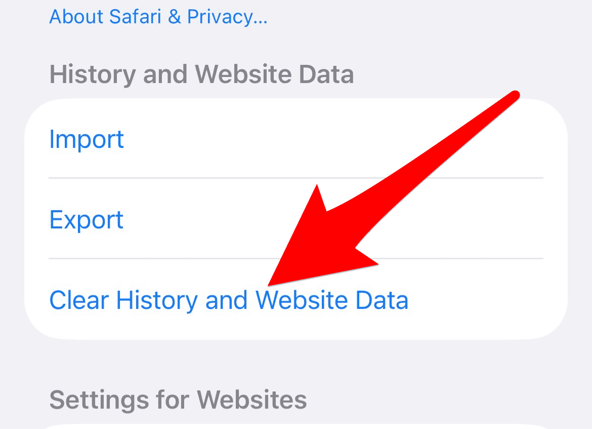 The Clear History and Website Data option in Safari settings on iPhone
