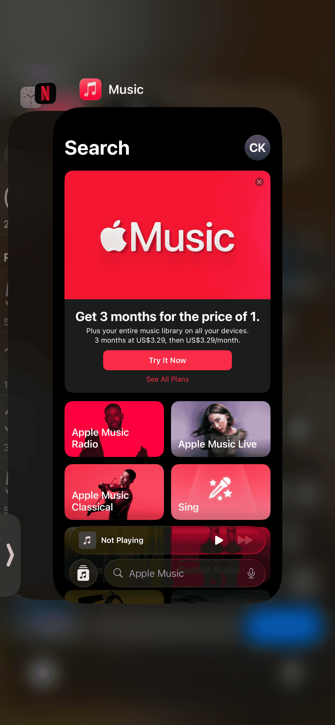 The Music app in the App Switcher on iPhone