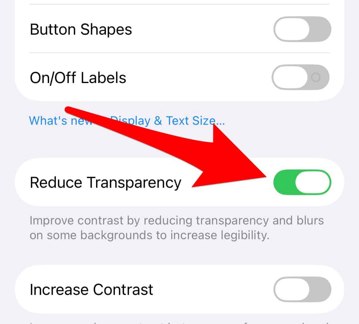 The Reduce Transparency toggle in iPhone settings