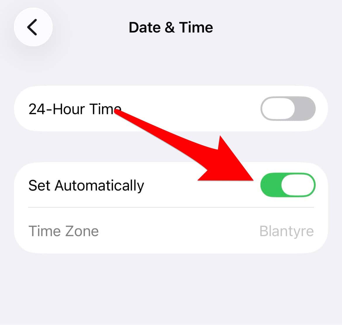 The Set Automatically toggle in Date & Time settings on iPhone