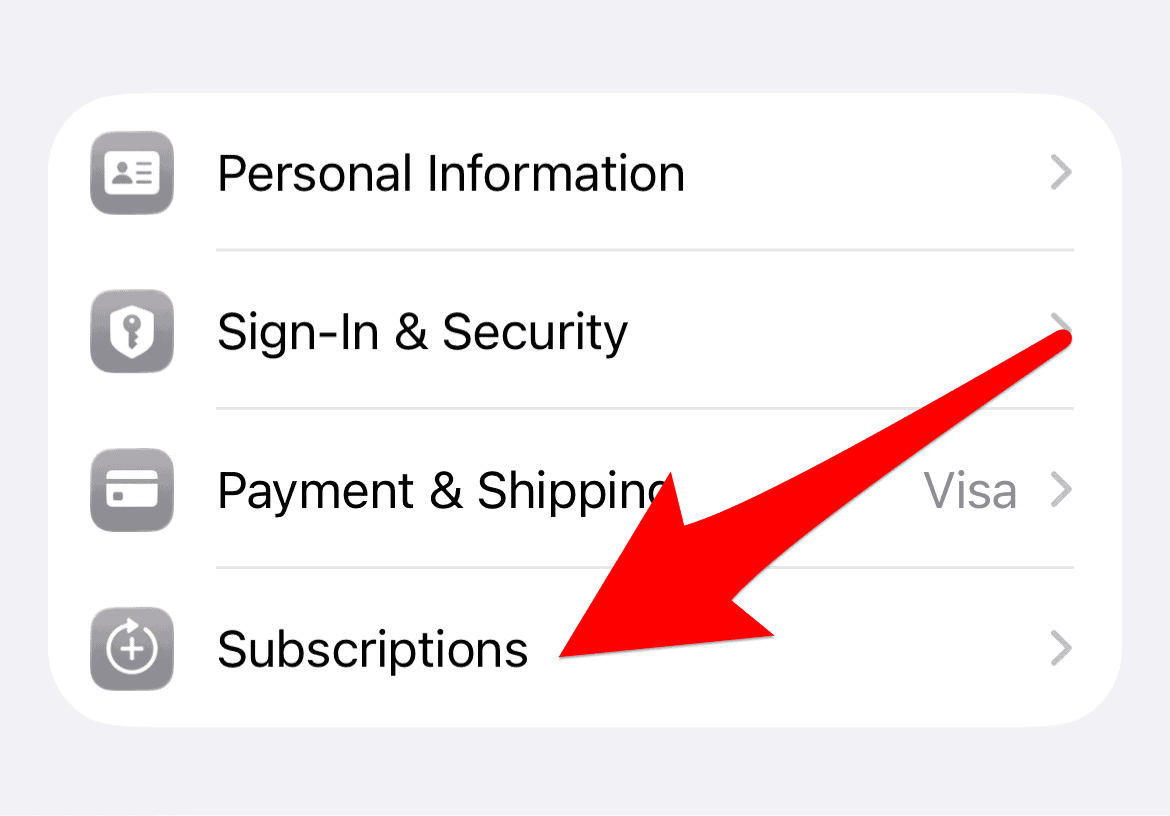 The Subscriptions option in iPhone settings