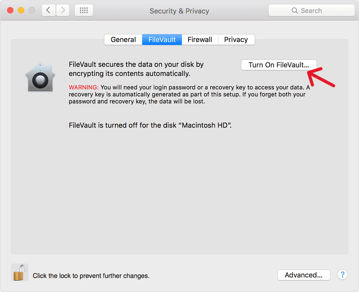 filevault turn on toggle on mac