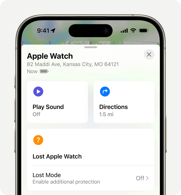 iPhone showing Find My interface listing an Apple Watch as lost device.