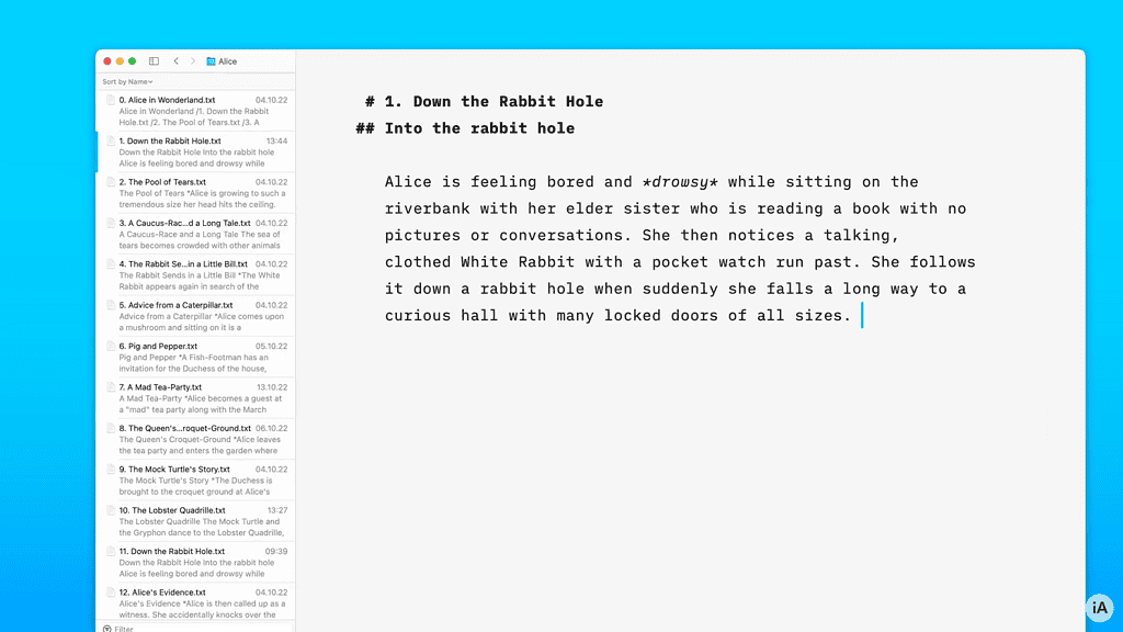 IA Writer documents organizer