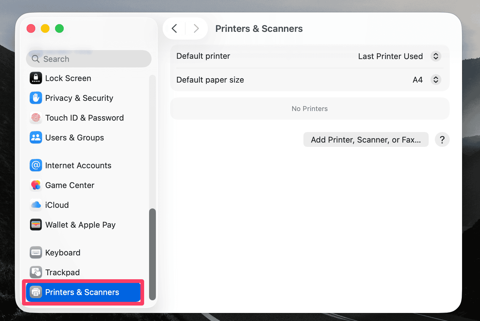 printers and scanner settings in mac
