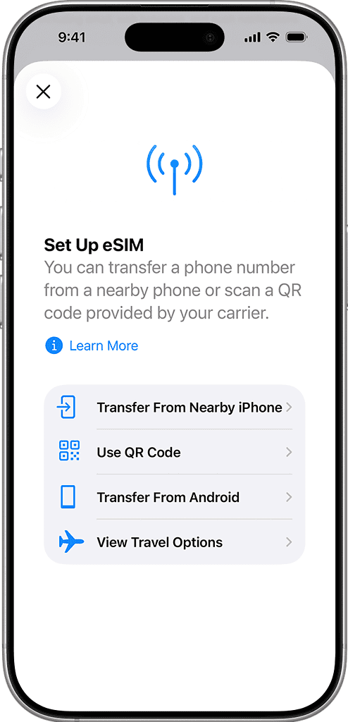 Phone 13 showing the Set Up eSIM activation screen in Settings