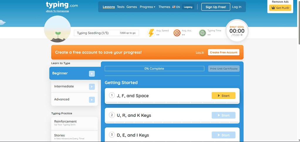 typing.com student's lessons