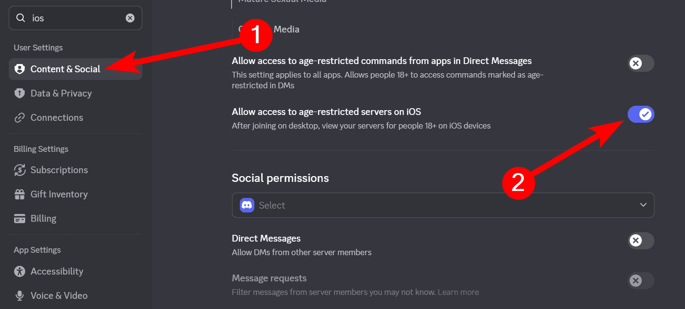 Allowing age restricted Discord servers on iOS in the Discord desktop app's settings