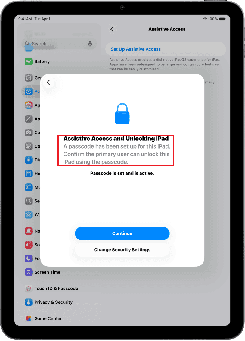 Assistive Access iPad Passcode