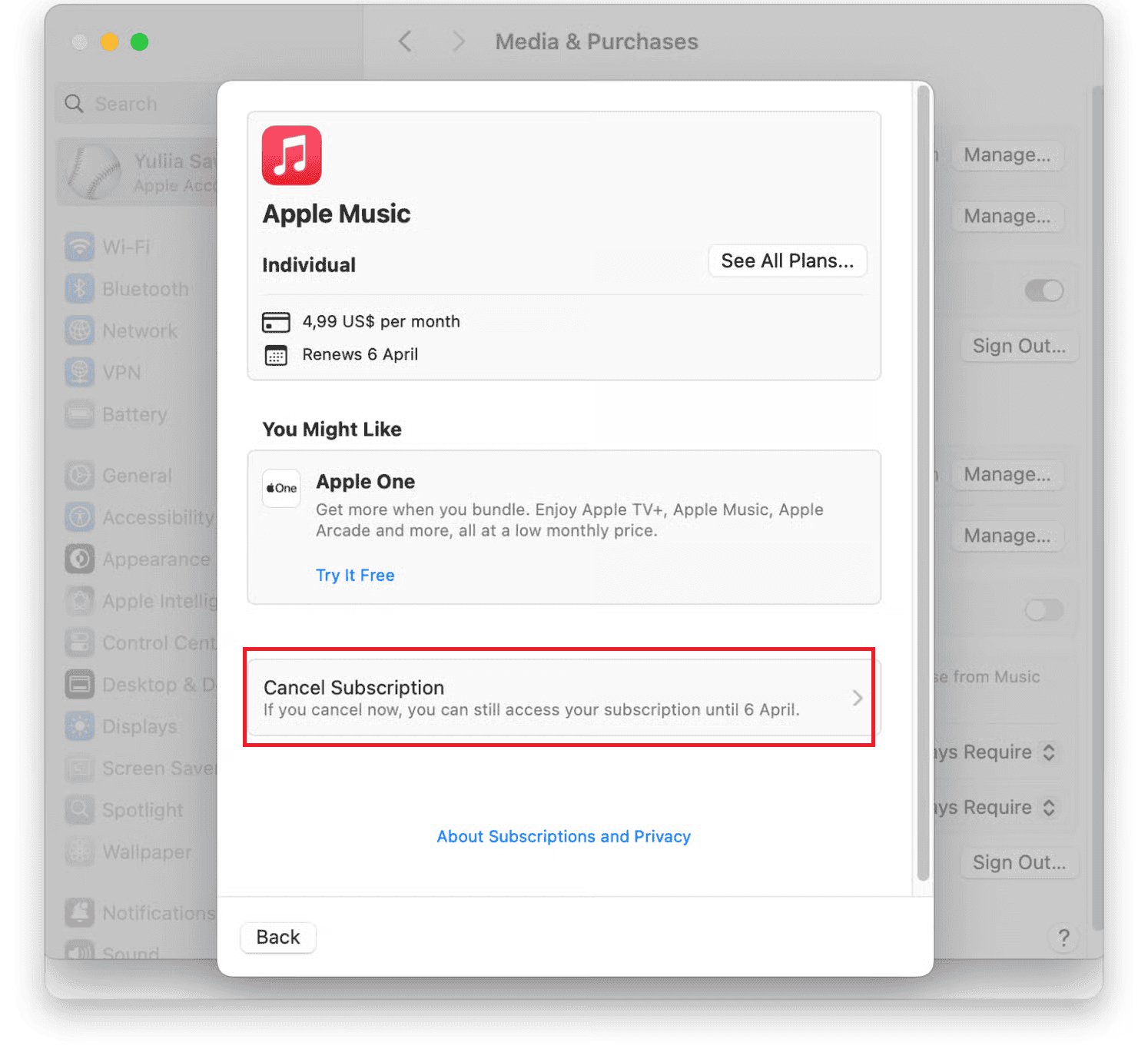Cancel Apple Music on Mac