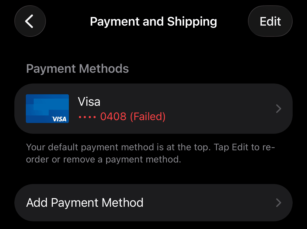 Card error with credit card on iPhone