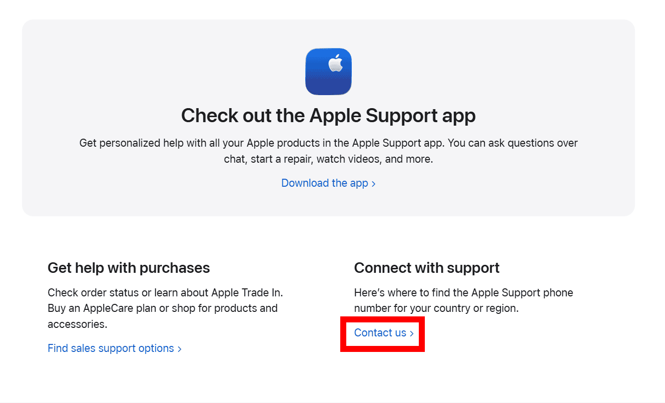 Clicking the Contact Us link on the Apple website