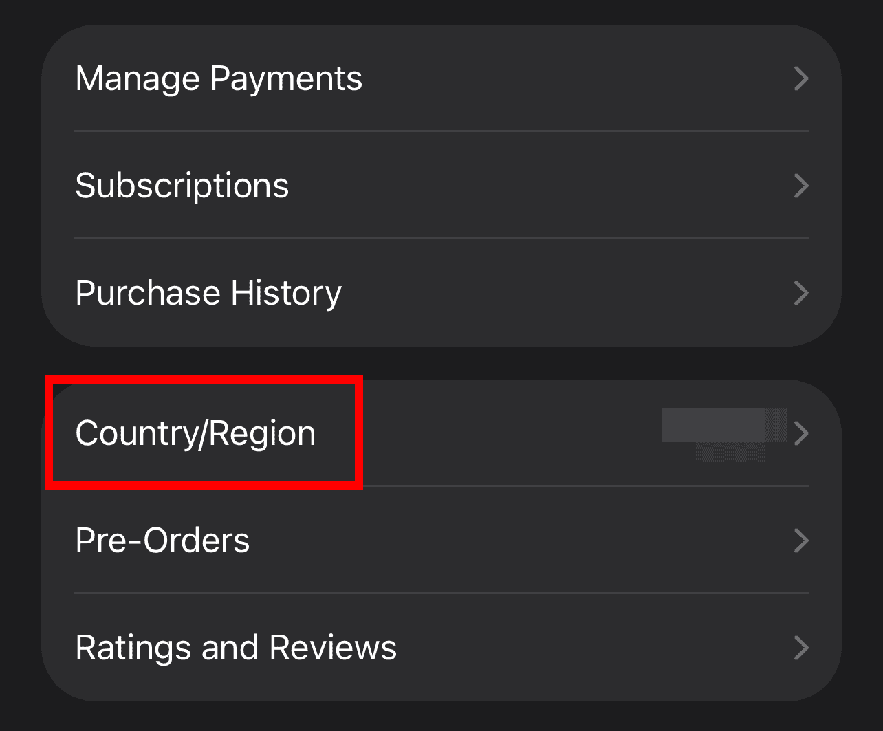 Country & Region in the Account Settings on iPhone