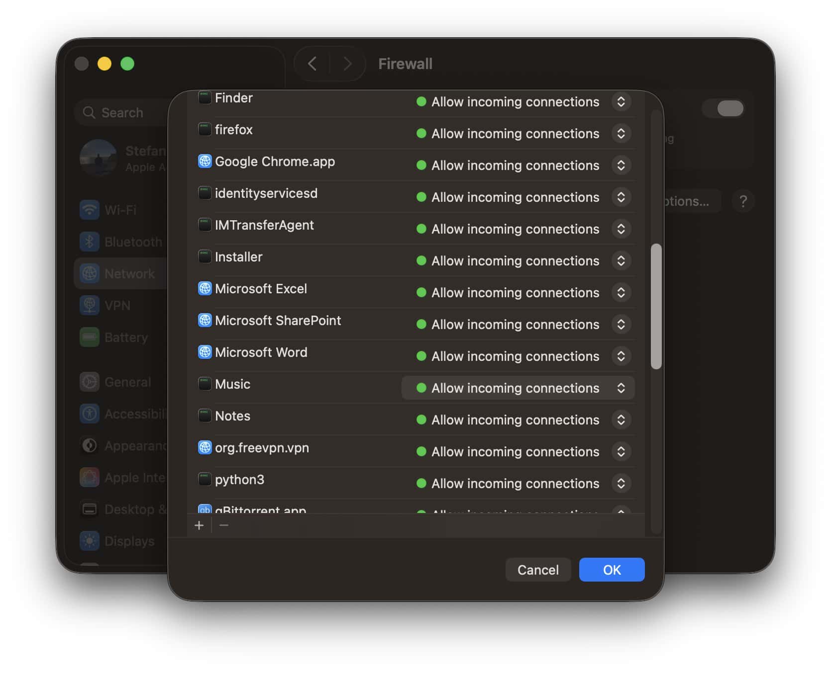 Firewall settings on Mac