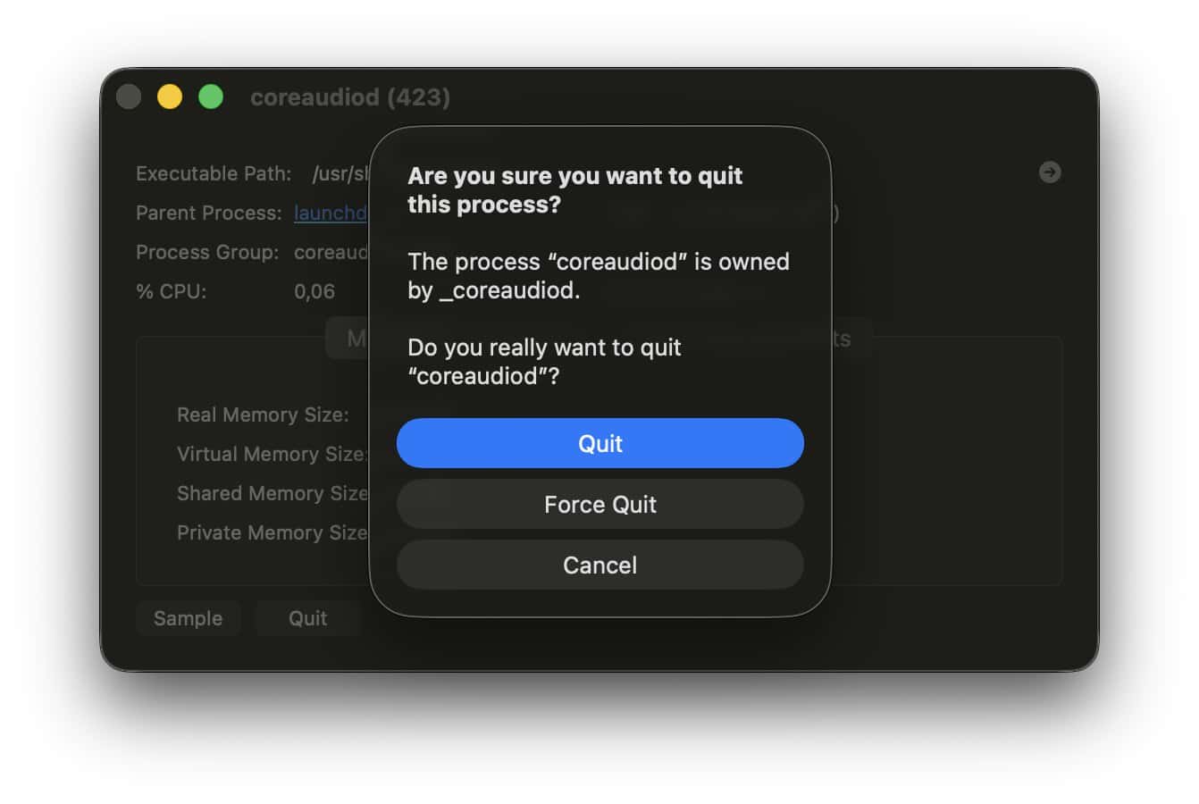 Force-quite the coreaudiod process on a Mac