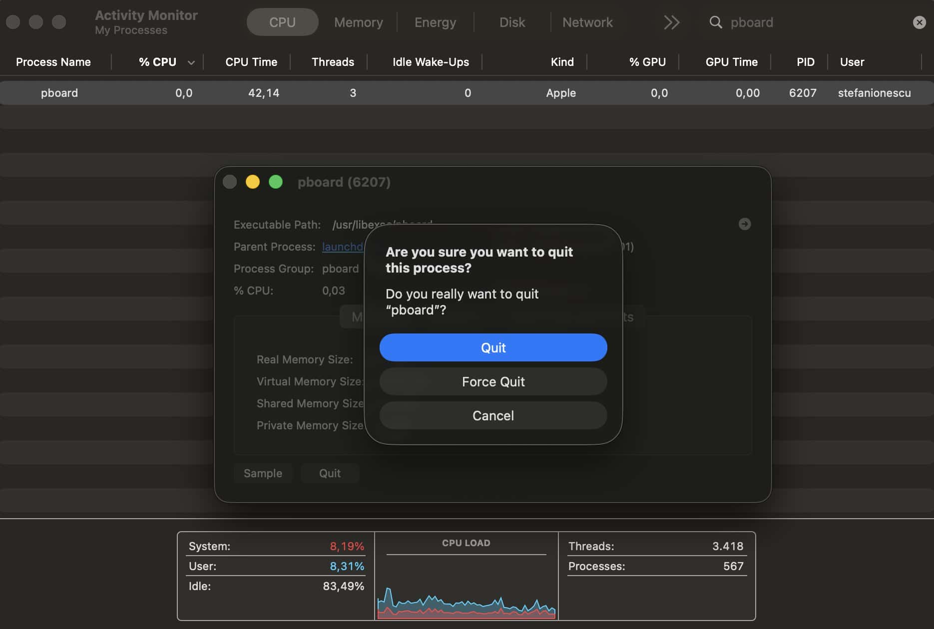 Force quiting pboard on Mac