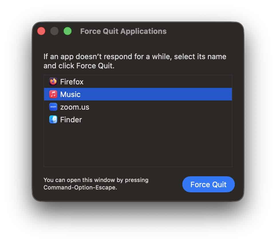 Force quiting the Music app on Mac
