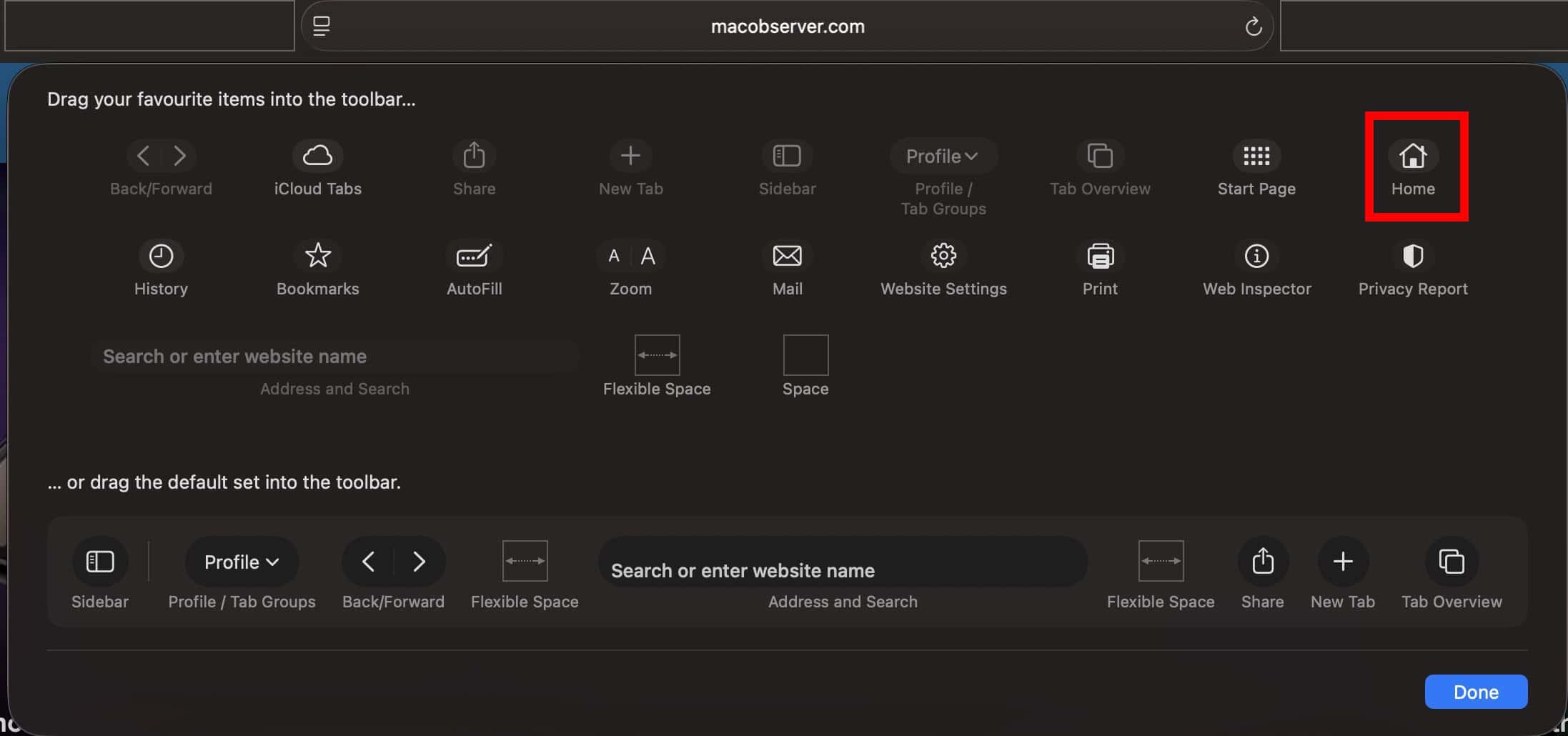 Locate the Home icon (shaped like a house) in the selection window in Safari Customize Toolbar