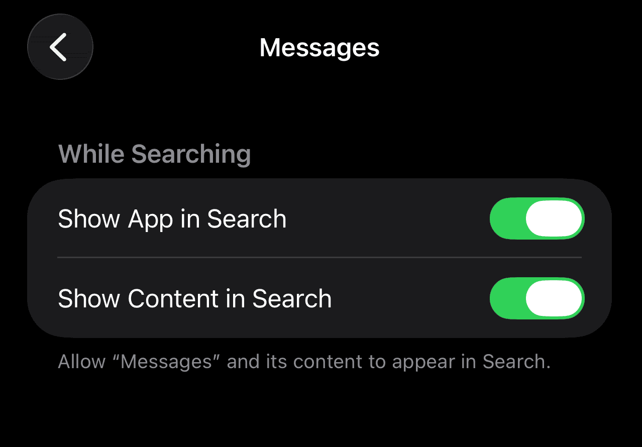 Message options in Search settings on iPhone