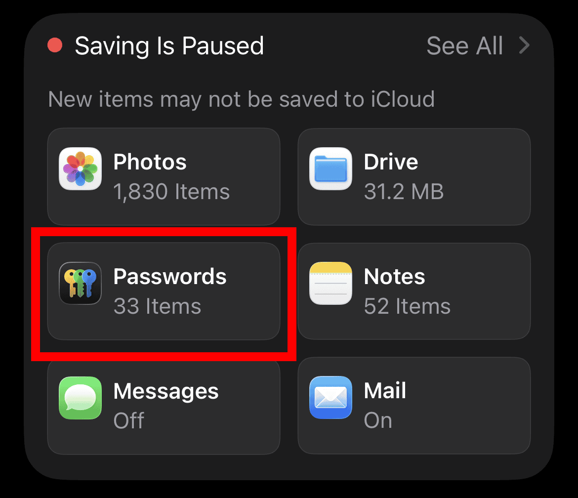 Passwords & keychain option in iCloud settings on iPhone