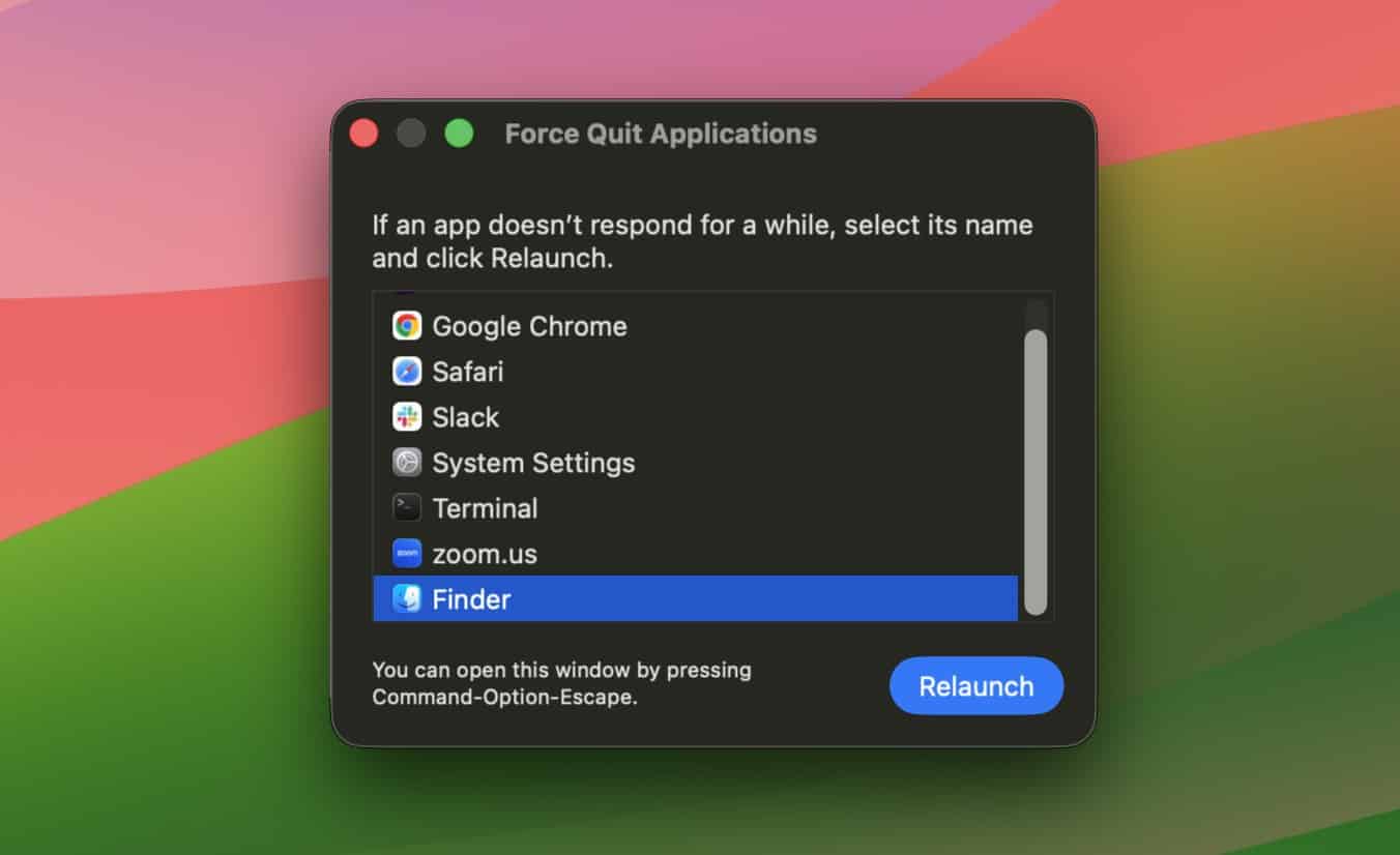 Relaunching Finder on Mac