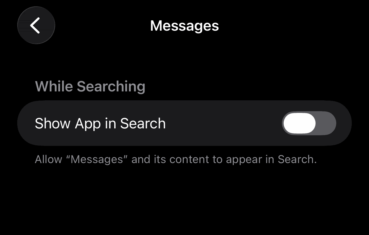 Show App in Search toggle off for Message search settings on iPhone