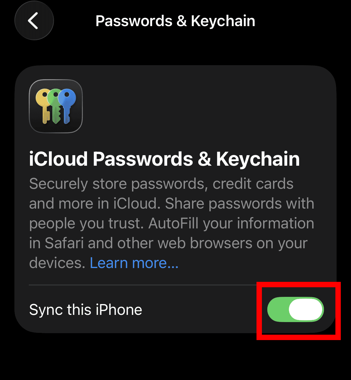 Sync this iPhone toggle in Passwords & Keychain settings on iPhone
