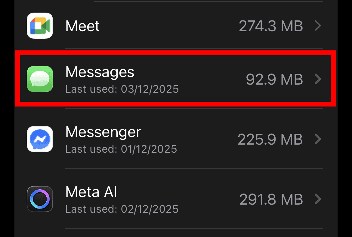 Tap Messages on iPhone Storage