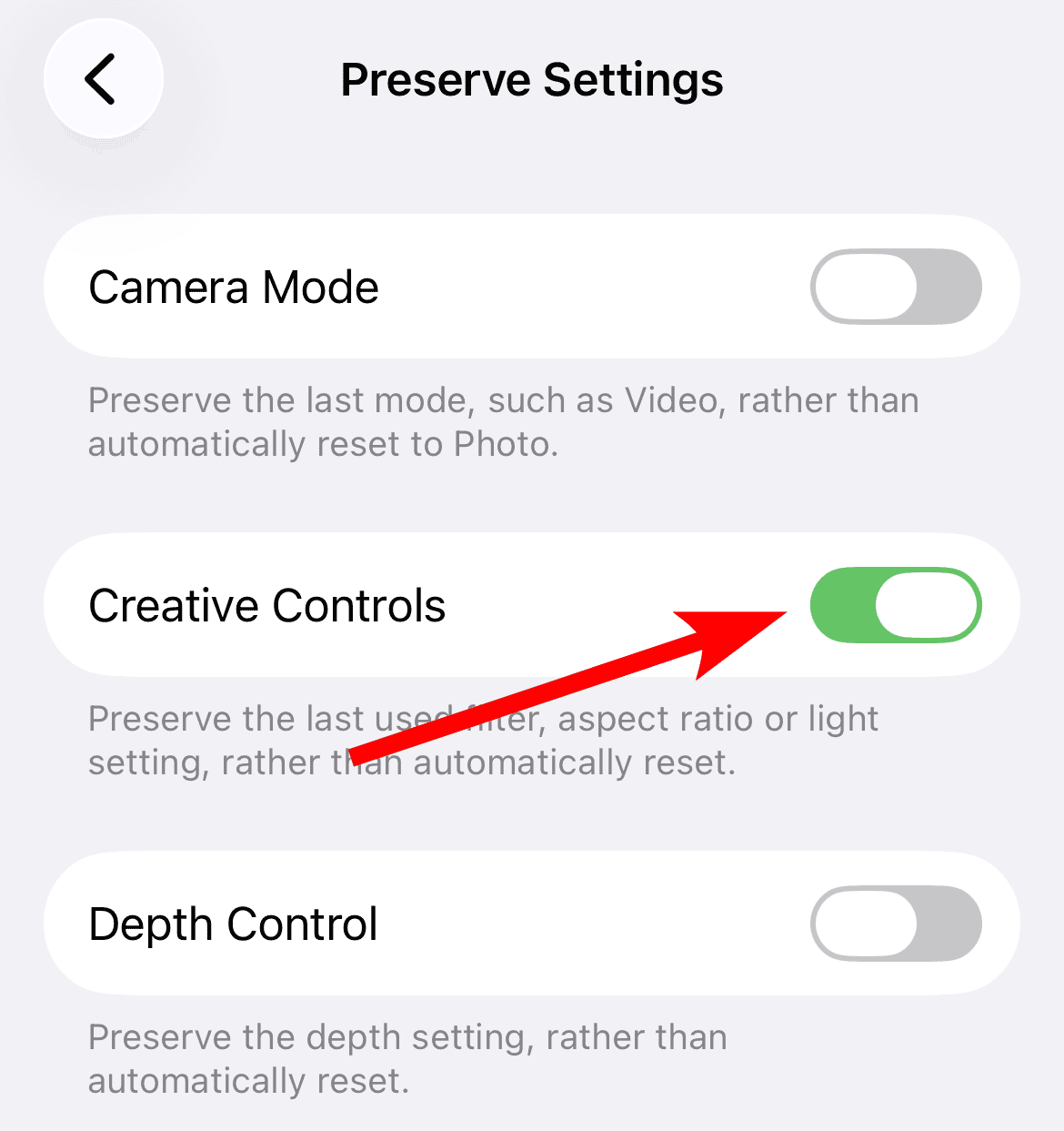 Turn on Creative Controls for camera on iPhone