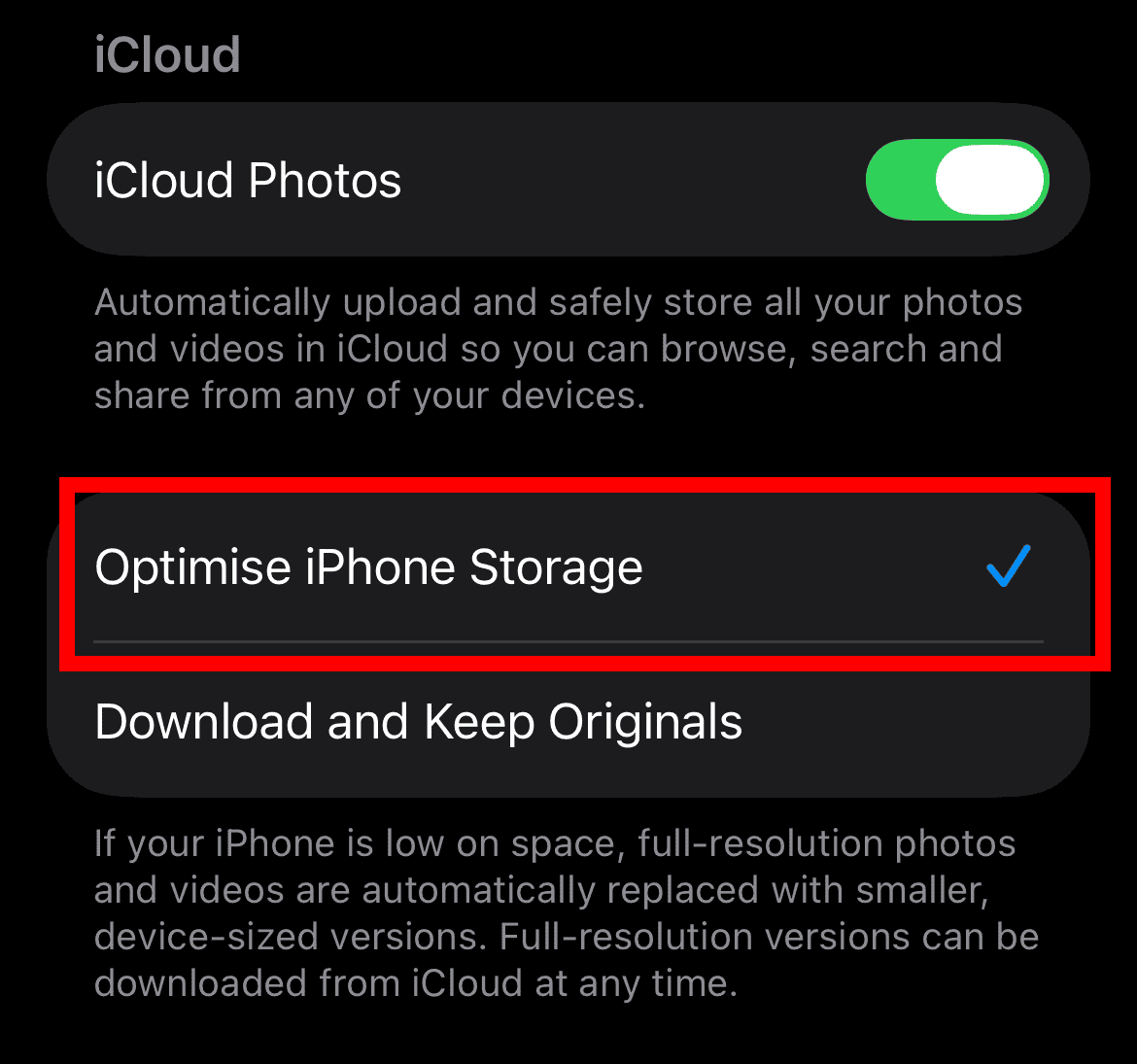 Turn on Optimise iPhone Storage in Photos settings on iPhone