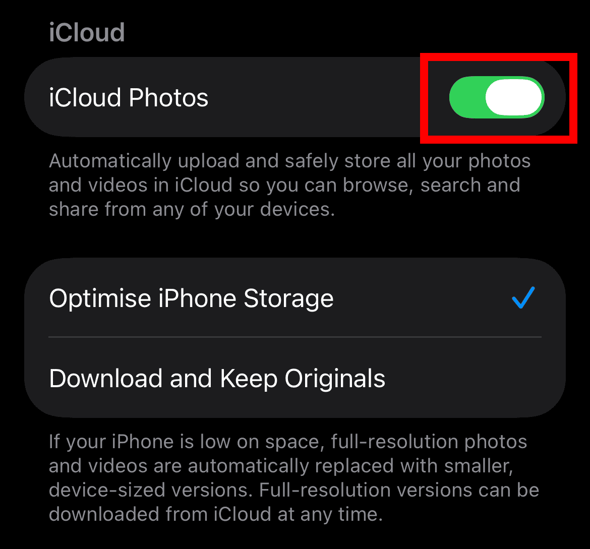 Turn on iCloud Photos in Photos settings on iPhone
