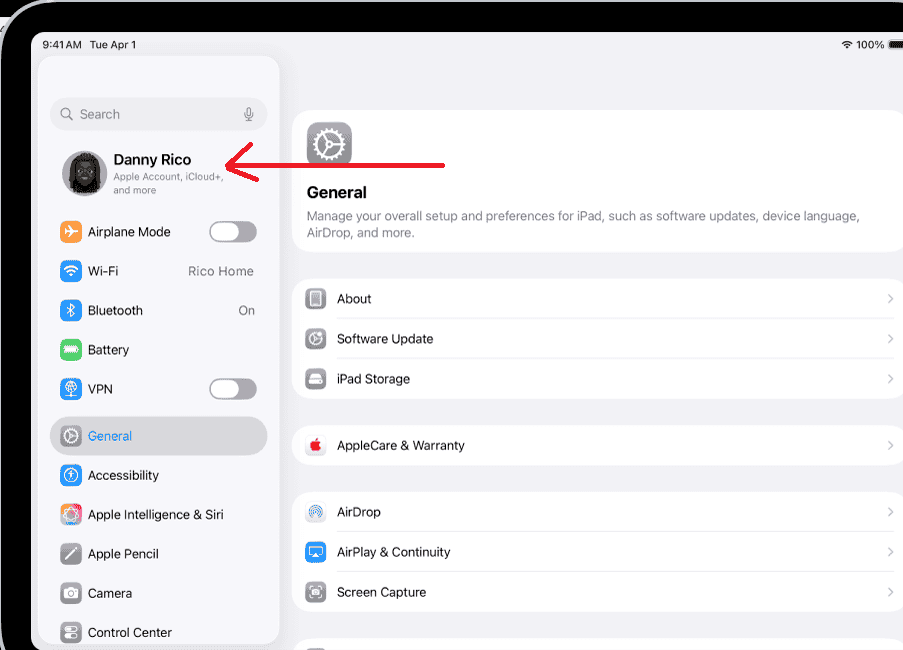 iPad Settings account name
