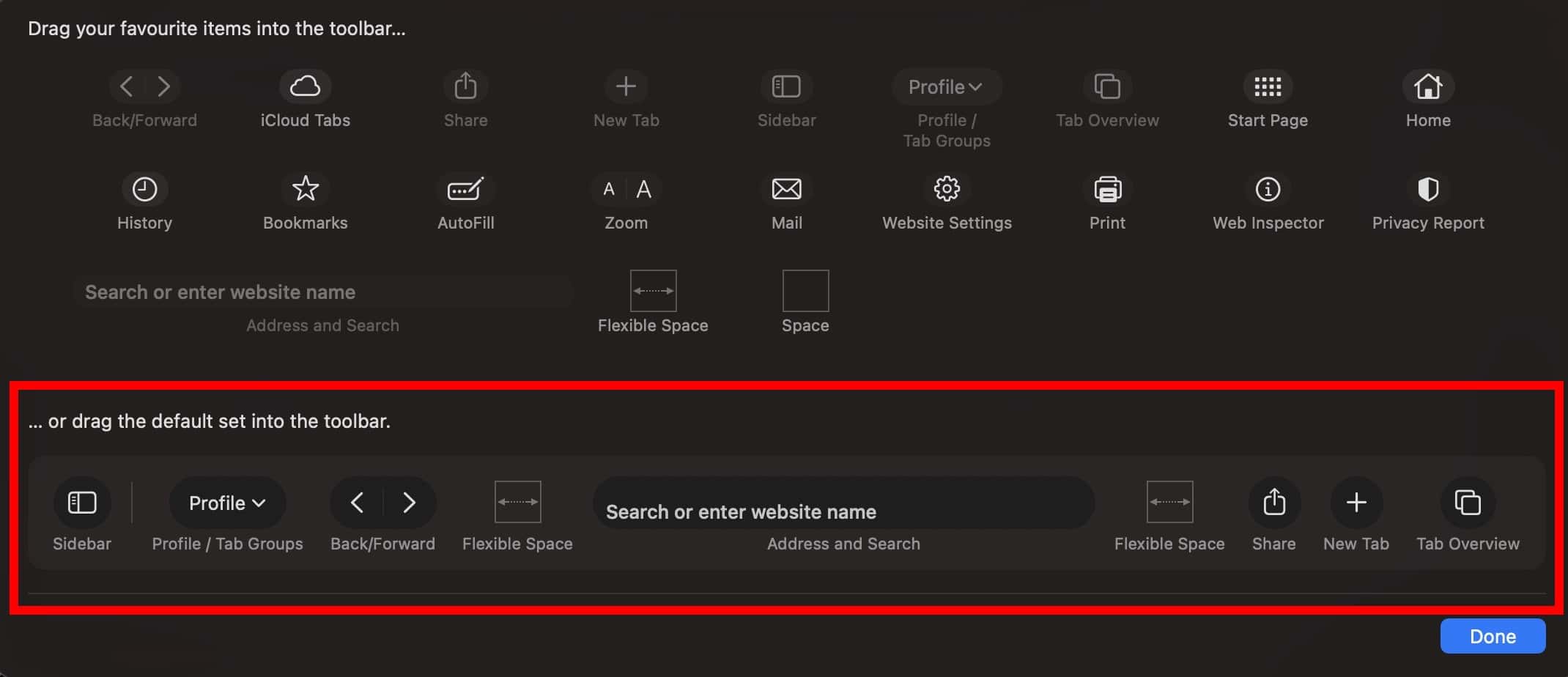 locate the default set of icons in the Customize Toolbar of Safari