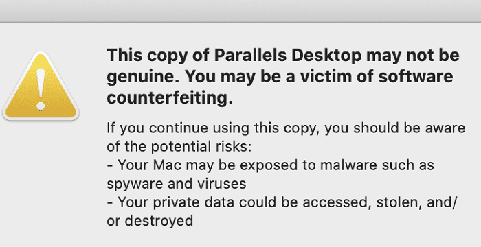 Parallel's desktop software warning