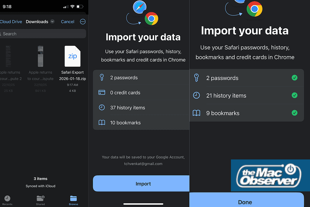 Chrome on iPhone showing Safari import option in settings and step-by-step instructions for exporting Safari data and selecting the ZIP file.