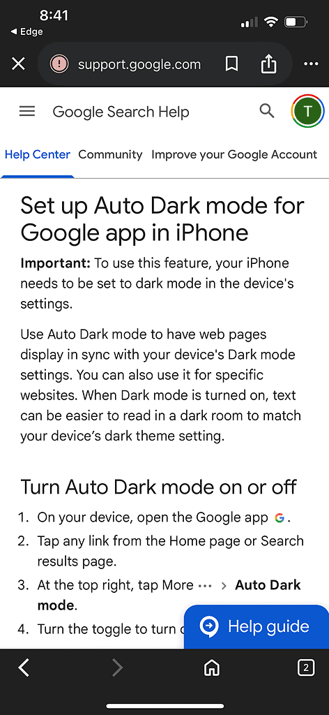google help for auto dark mode