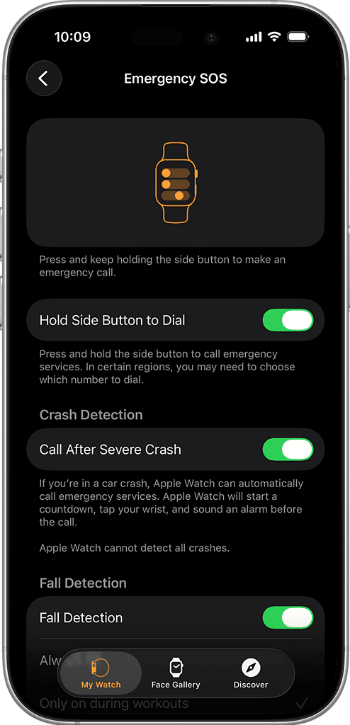 SOS settings for Apple Watch on iPhone