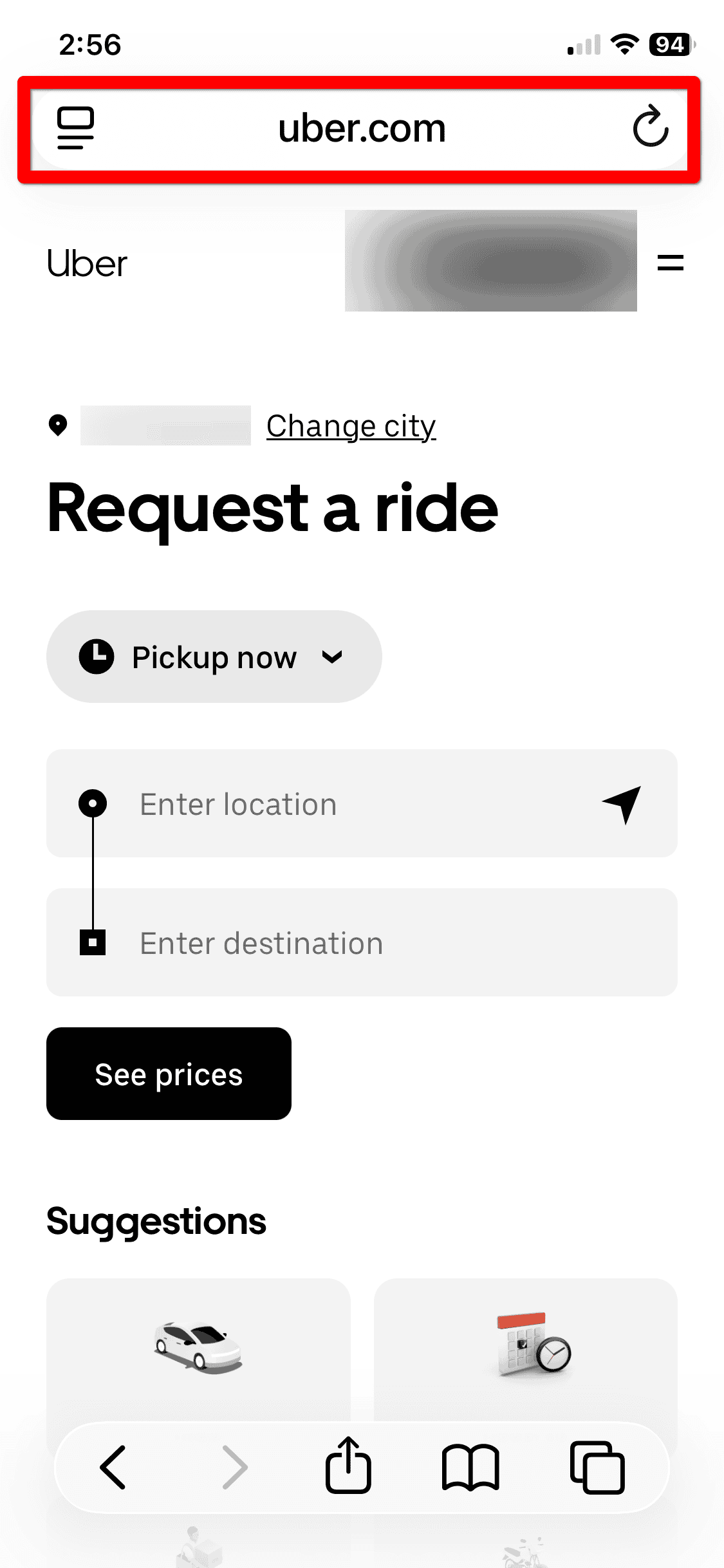 Uber web version running inside Safari in iOS 26