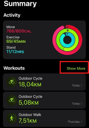 apple watch workout summary show more