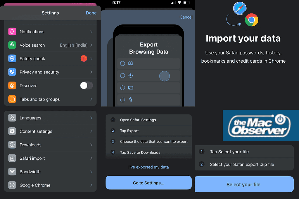 Chrome on iPhone showing Safari import option in settings and step-by-step instructions for exporting Safari data and selecting the ZIP file.