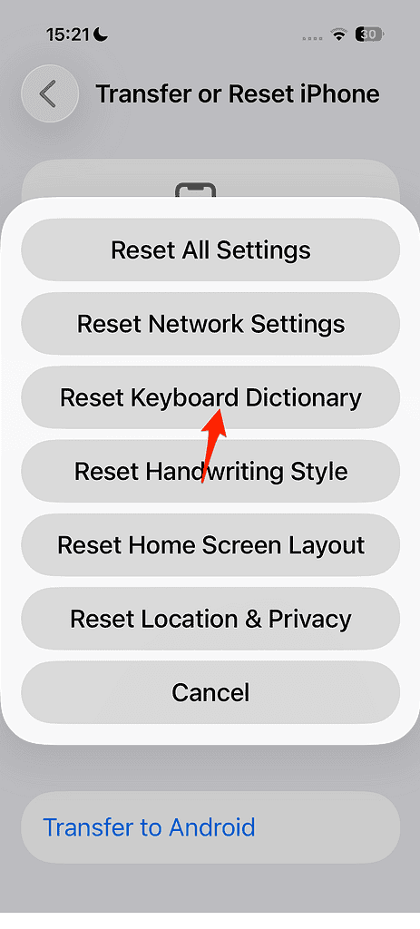 reset keyboard dictionary