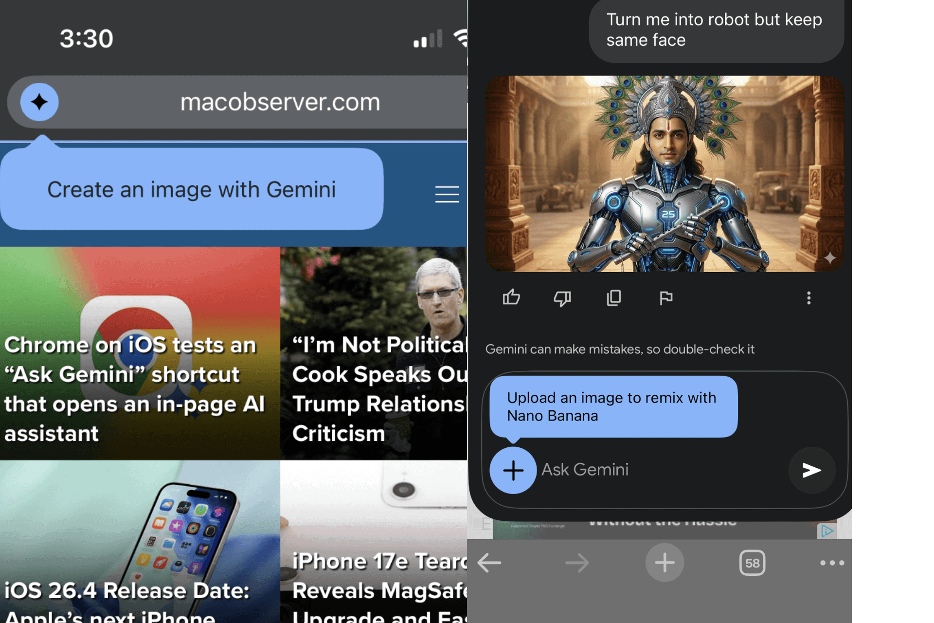 Chrome on iPhone tests Gemini image remix for photos and camera