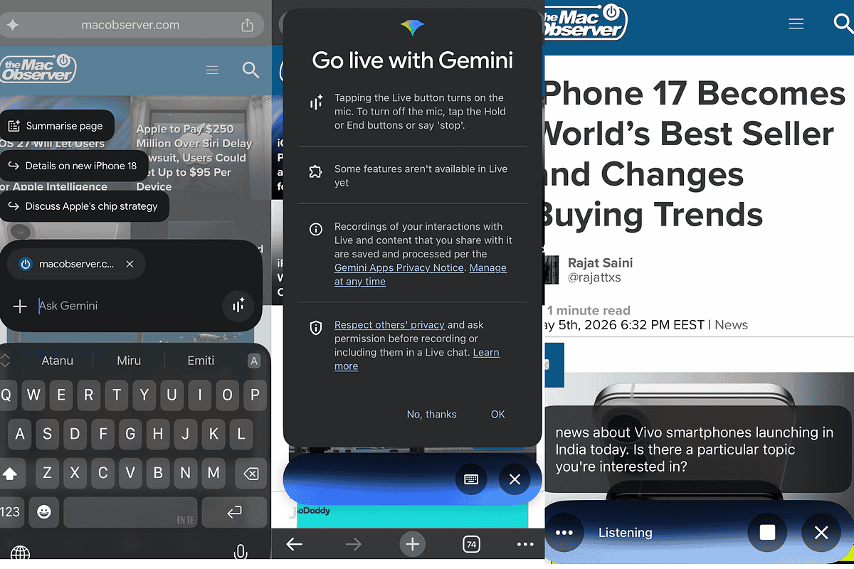 Gemini Live Now Works in Chrome Beta on iPhone