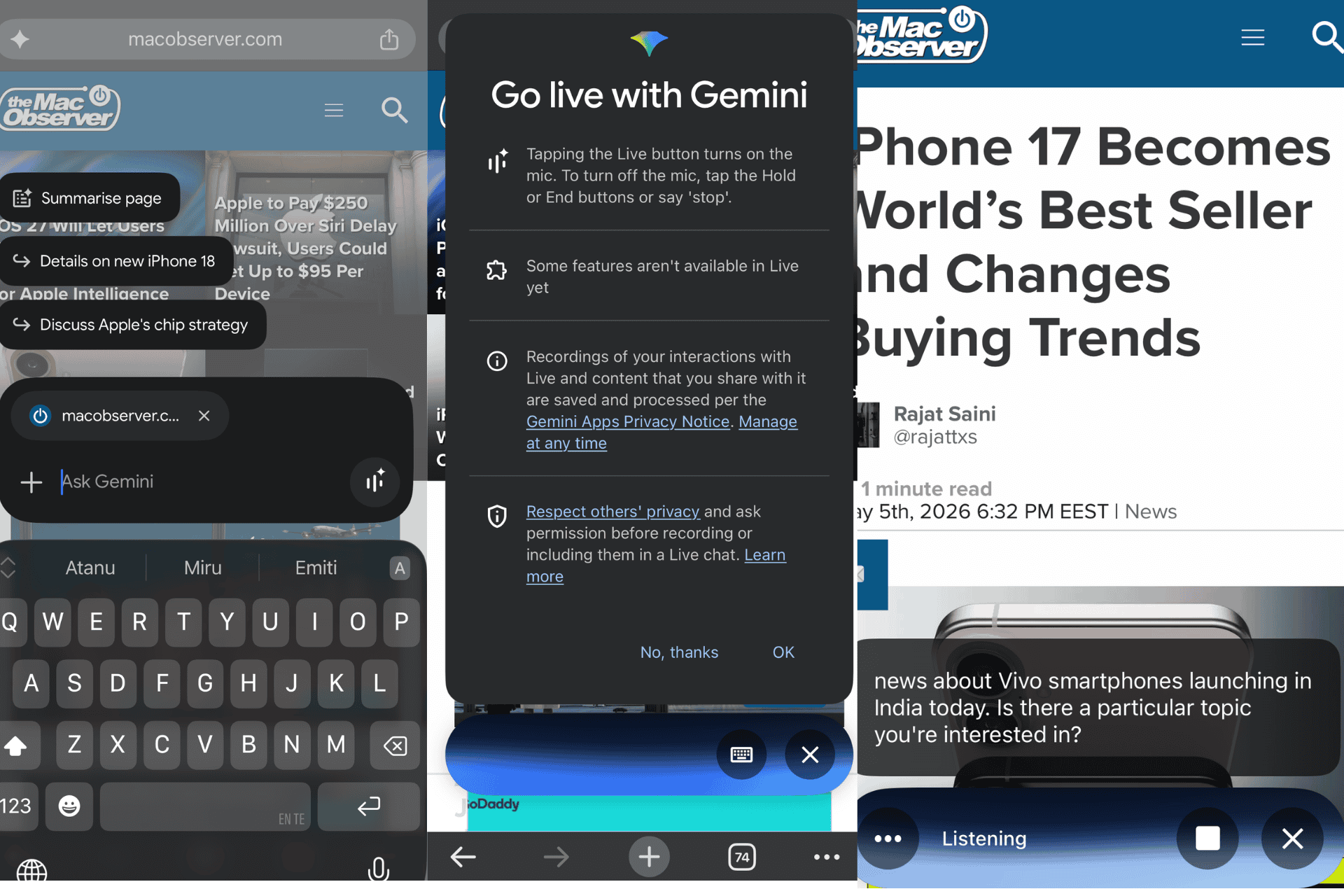 Gemini Live Now Works in Chrome Beta on iPhone